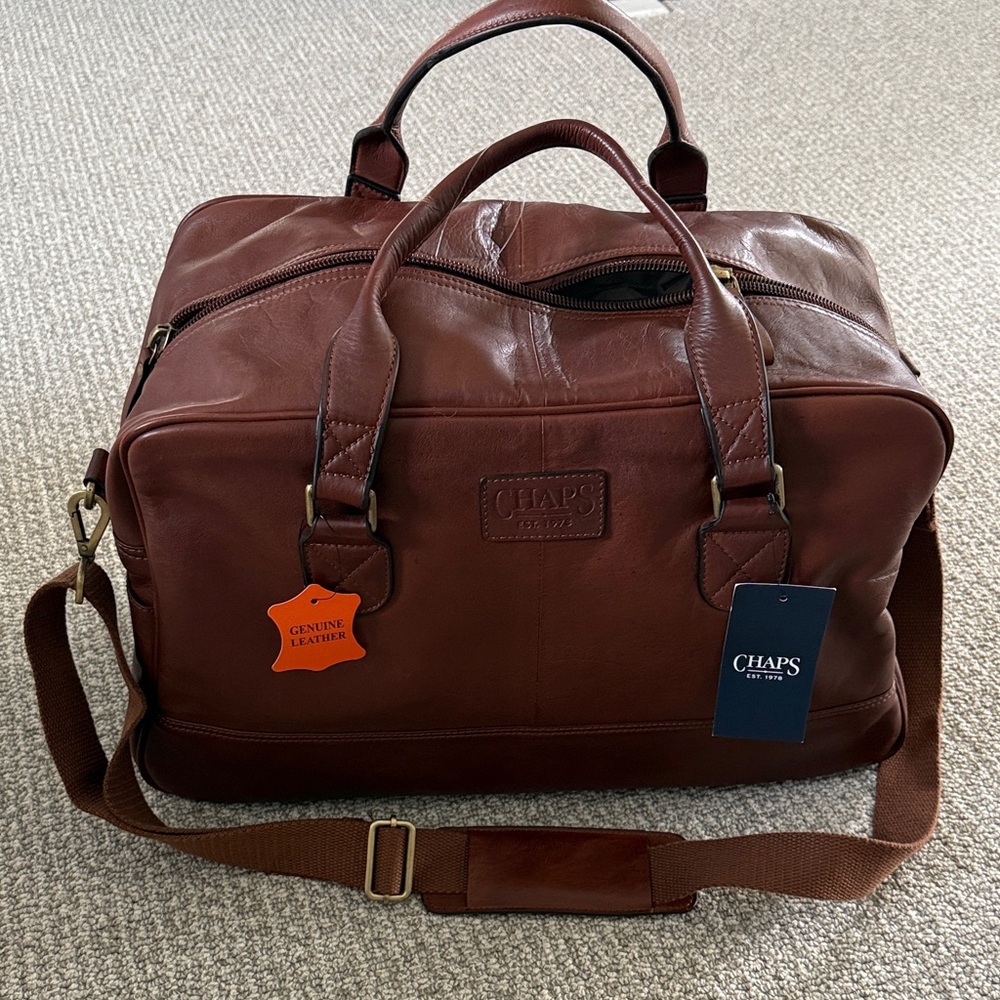 New Chaps Brown Mahogany Leather Over Night Luggage Travel Large Bag
